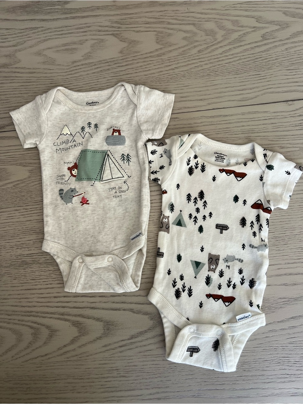 Gerber White & Heather Gray Camping Print One-Piece Bodysuits, 2-Pack